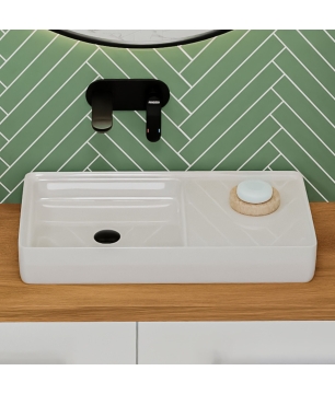 Umywalka ceramiczna nablatowa prostokątna biała z dużą półką na mydło 76 x 40 cm GERA