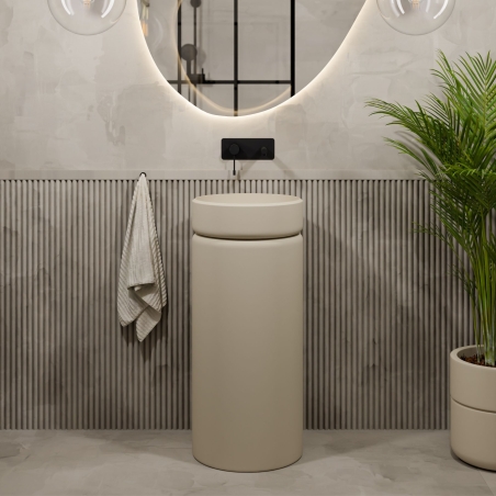 Umywalka z konglomeratu wolnostojąca okrągła beżowa matowa 87 x 38 cm RONA Beige Matt