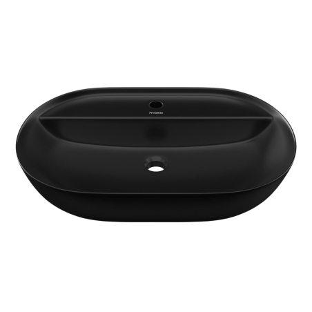 Umywalka ceramiczna nablatowa owalna czarna z otworem i z półką na mydło 60 x 41 cm DECOS Black z rantem Slim
