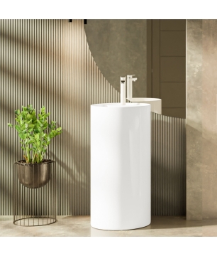 Umywalka z konglomeratu wolnostojąca okrągła biała błyszcząca 87 x 44 cm KALMI WHITE GLOW z otworem