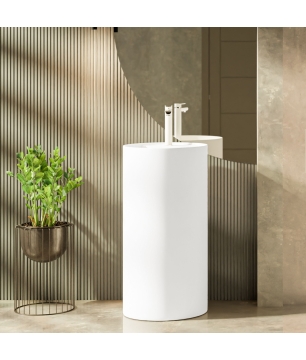 Umywalka z konglomeratu wolnostojąca okrągła biała matowa 87 x 44 cm KALMI WHITE MATT z otworem