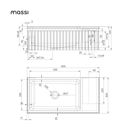 Massi Umywalka betonowa ryflowana nablatowa / wisząca prostokątna 60 x 30 cm WELLE | różne kolory
