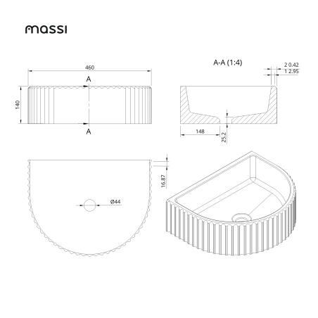 Wall-mounted / countertop semi-circular concrete washbasin without faucet hole 45 x 36 cm MUSLIN | Various colors