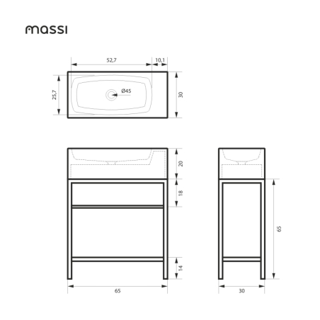 Wall-mounted / countertop rectangular concrete washbasin without faucet hole 65 x 30 cm with shelf ZALM | different colors