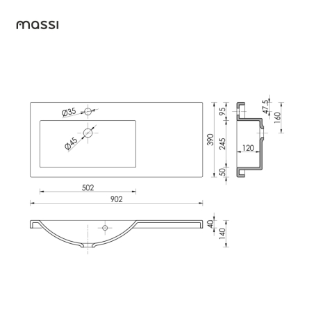 Umywalka WAVE 90 cm lewa/prawa – wpuszczana z blatem, konglomerat