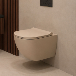 Miska WC wisząca FLOW Latte – beżowa, bezkołnierzowa, z deską Slim