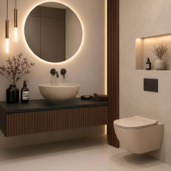 Miska WC wisząca FLOW Latte – beżowa, bezkołnierzowa, z deską Slim