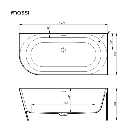 Wanna narożna z konglomeratu 160×75 cm – biały mat | MASSI