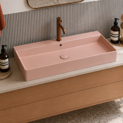 Umywalka nablatowa/wisząca LERA Pink 80×45 cm – różowa, z półką i otworem na baterię