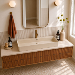 Umywalka nablatowa/wisząca LERA Ivory 100×45 cm – beżowa, z półką i otworem na baterię