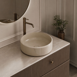 Massi Umywalka z konglomeratu nablatowa okrągła beżowa błyszcząca 40 cm RONA Beige Glow