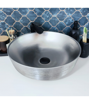 Umywalka ceramiczna nablatowa okrągła srebrna matowa ryflowana 42 cm MAVA SILVER cienki rant