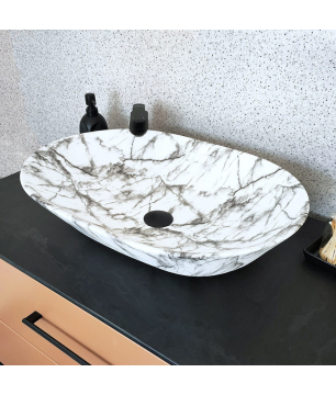 Umywalka  ceramiczna nablatowa owalna marmurowa biała bez otworu na baterię 60 x 42 cm MARMO White