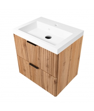 Szafka wisząca w kolorze naturalnego drewna z białą umywalką 60 x 46 cm ASTROS Light Oak