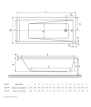 Wanna prostokątna mała 130 x 70 cm biała do zabudowy ELEGA MINI