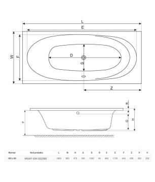 Wanna prostokątna biała 180 x 80 cm do zabudowy odpływ po środku EMBER MASSI